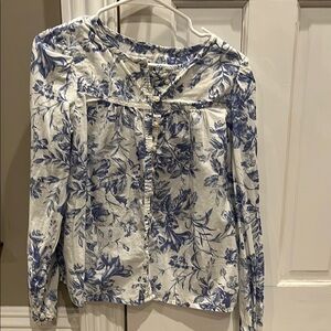 GAP Blue and White Ruffled Bib Collar Blouse